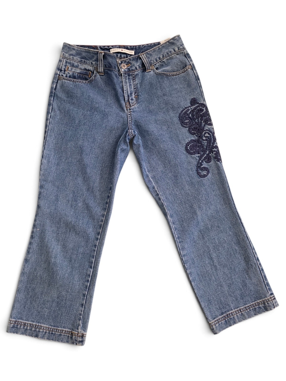 Vintage Tommy Hilfiger Blue Wide-Leg Jeans with Navy Embroidery